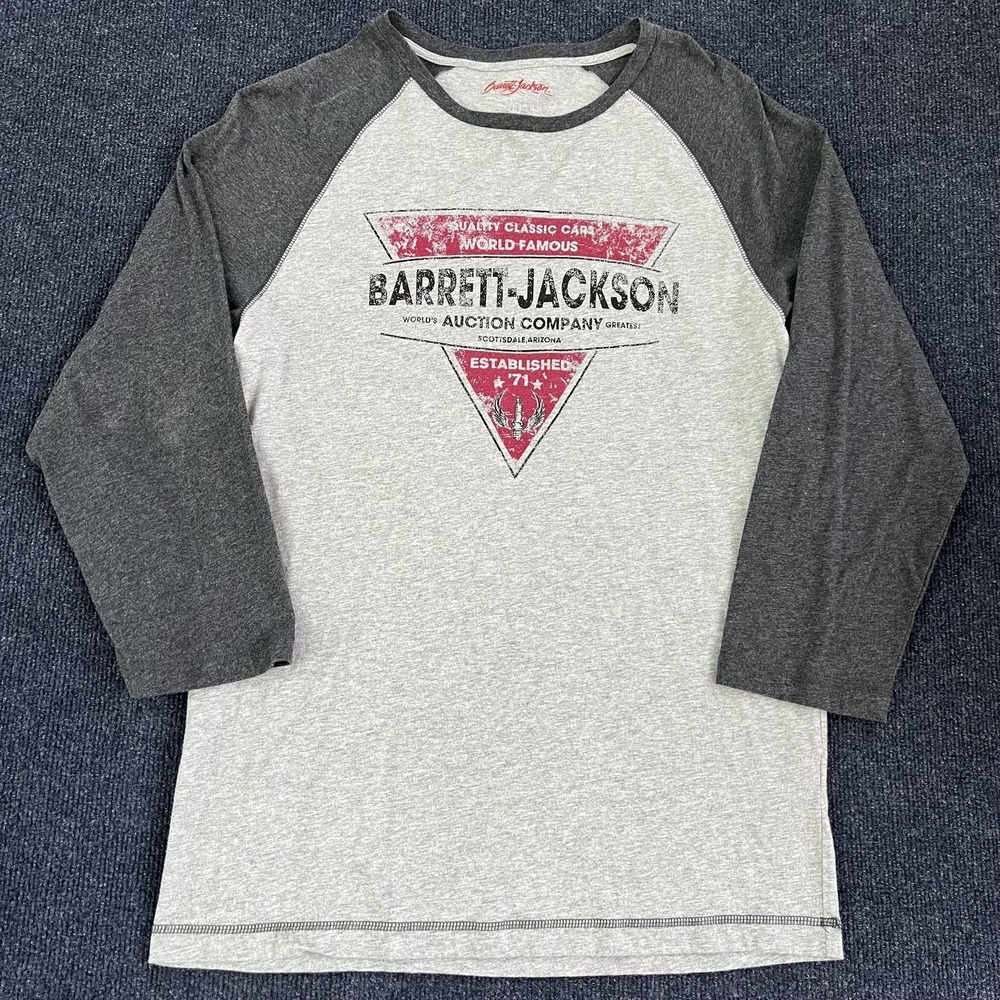 Barrett-Jackson Shirt Mens Large Gray Raglan 3/4 Sleeve Classic Cars Tee T-Shirt
